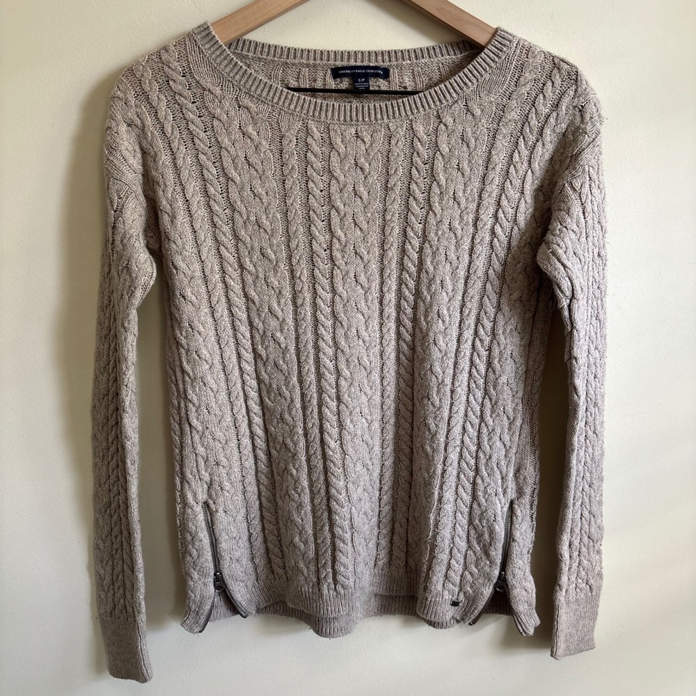 American Eagle Cable Knit Sweater Beige Side Zip Crew Neck Small
